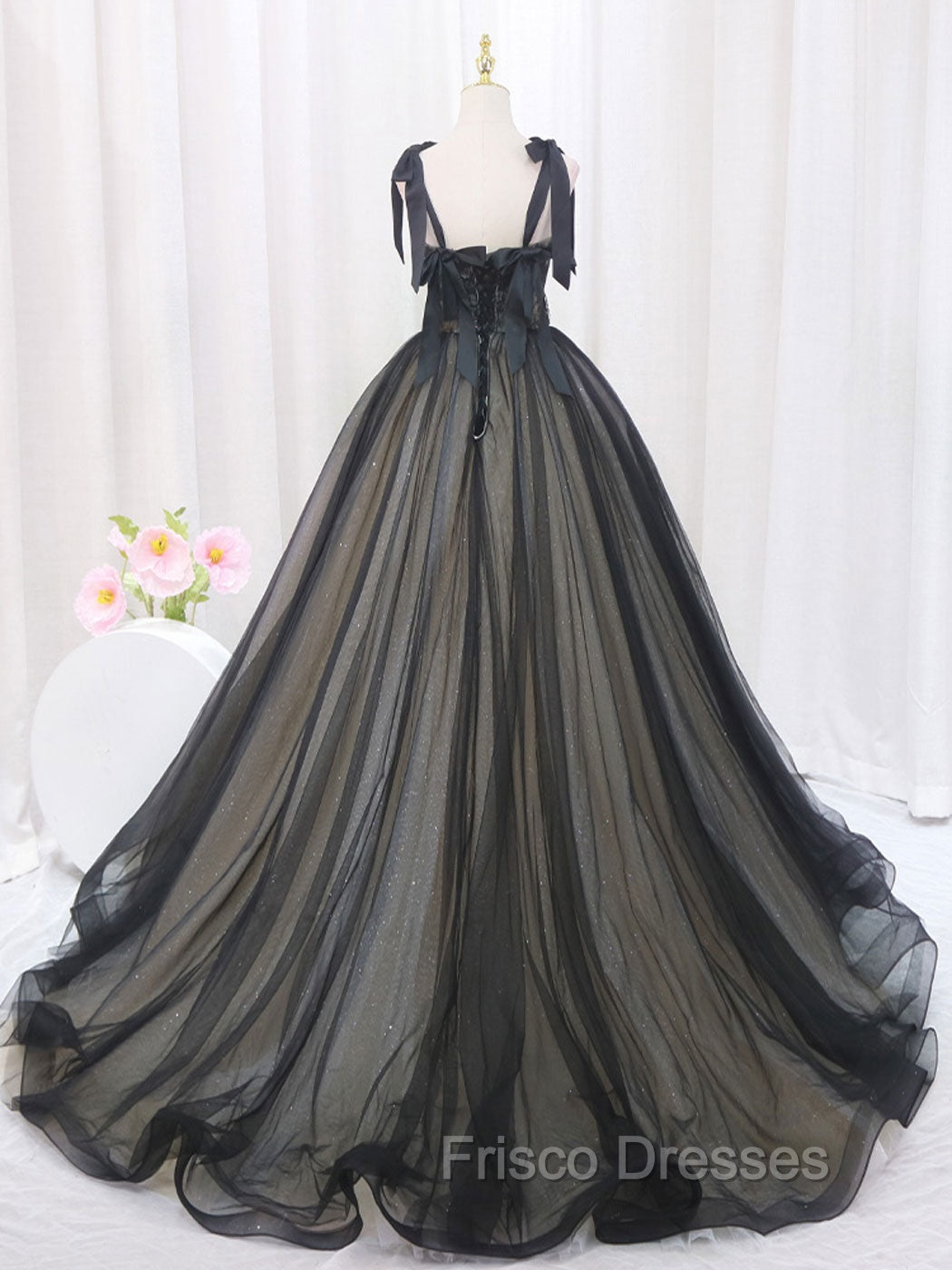 Black A-Line Tulle Long Formal Prom Dress, Black Tulle Formal Evening Dress