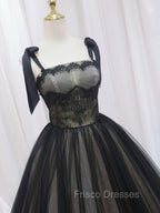 Black A-Line Tulle Long Formal Prom Dress, Black Tulle Formal Evening Dress