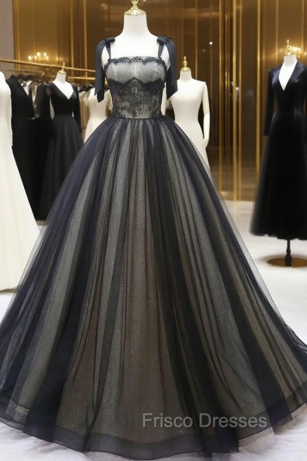 Black A-Line Tulle Long Formal Prom Dress, Black Tulle Formal Evening Dress Main image