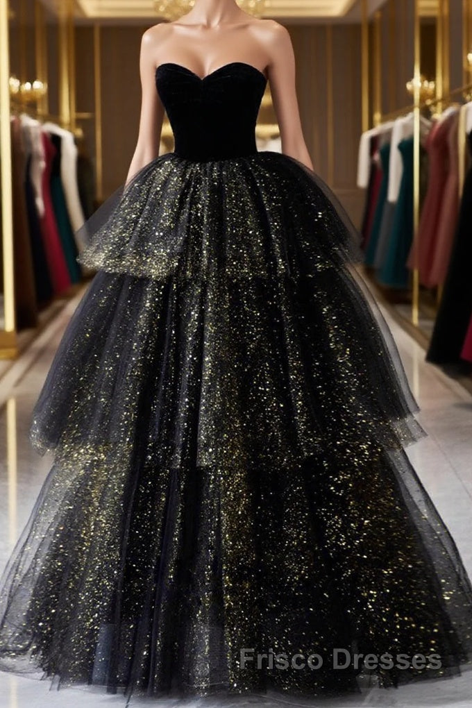 Black  A-Line Tulle Shiny Tulle Long Formal Prom Dresses, Black Tulle Formal Dresses