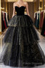 Black  A-Line Tulle Shiny Tulle Long Formal Prom Dresses, Black Tulle Formal Dresses