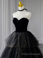 Black  A-Line Tulle Shiny Tulle Long Formal Prom Dresses, Black Tulle Formal Dresses