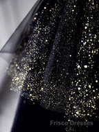 Black  A-Line Tulle Shiny Tulle Long Formal Prom Dresses, Black Tulle Formal Dresses