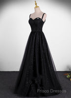 Black A-Line Tulle Straps Simple Long Formal Prom Dress, Black Formal Dress Party Dress