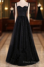 Black A-Line Tulle Straps Simple Long Formal Prom Dress, Black Formal Dress Party Dress