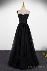 Black A-Line Tulle Straps Simple Long Prom Dress, Black Evening Dress Party Dress