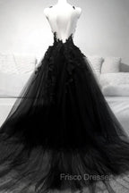 Black A-line Tulle with Lace Long Party Dress, Black Formal Dress Formal Prom Dress