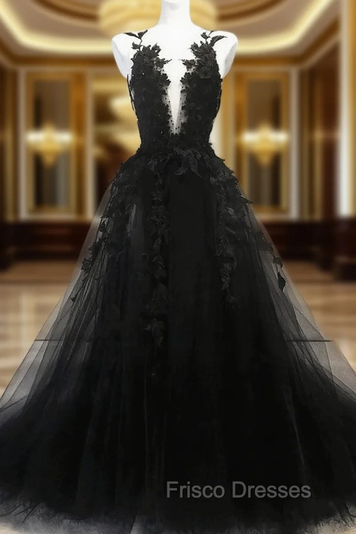 Black A-line Tulle with Lace Long Party Dress, Black Formal Dress Formal Prom Dress