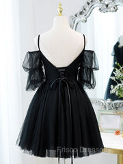 Black A line V Neck Lace Short/Mini Formal Prom Dress, Black Puffy Homecoming Dress