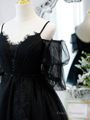 Black A line V Neck Lace Short/Mini Prom Dress, Black Puffy Homecoming Dresses