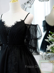 Black A line V Neck Lace Short/Mini Formal Prom Dress, Black Puffy Homecoming Dress