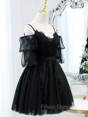 Black A line V Neck Lace Short/Mini Formal Prom Dress, Black Puffy Homecoming Dress