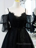 Black A line V Neck Lace Short/Mini Formal Prom Dress, Black Puffy Homecoming Dress