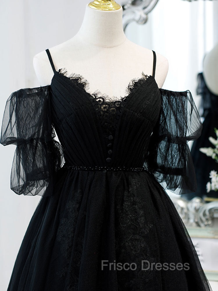 Black A line V Neck Lace Short/Mini Formal Prom Dress, Black Puffy Homecoming Dress