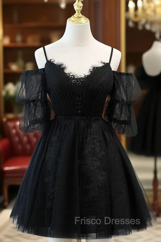Black A line V Neck Lace Short/Mini Formal Prom Dress, Black Puffy Homecoming Dress Main image