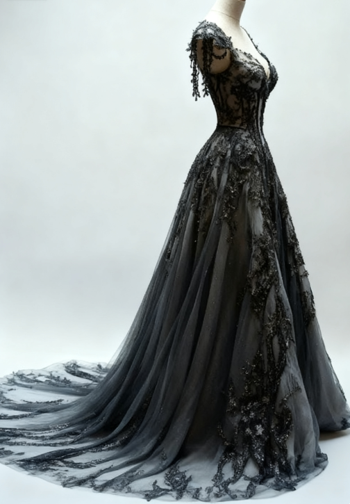 Black Appliques A-Line V-Neck Lace Tulle Sequin Long Prom Dress, Dark Gray Formal Evening Gowns Secondary image