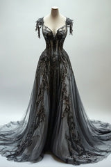 Black A-Line V-Neck Lace Tulle Sequin Long Prom Dress, Black Vintage Formal Dress