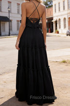 Black A-line V Neck Sleeveless Floor-Length Chiffon Prom Dress Long Prom Dresses Backless with Pleated Ruffles