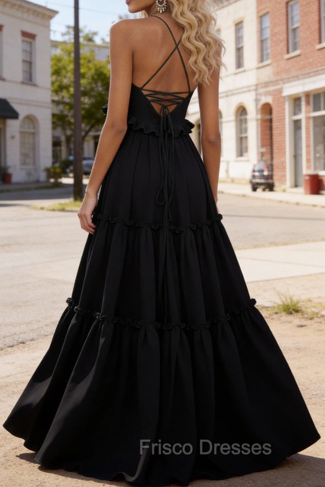 Black A-line V Neck Sleeveless Floor-Length Chiffon Prom Dress Long Prom Dresses Backless with Pleated Ruffles