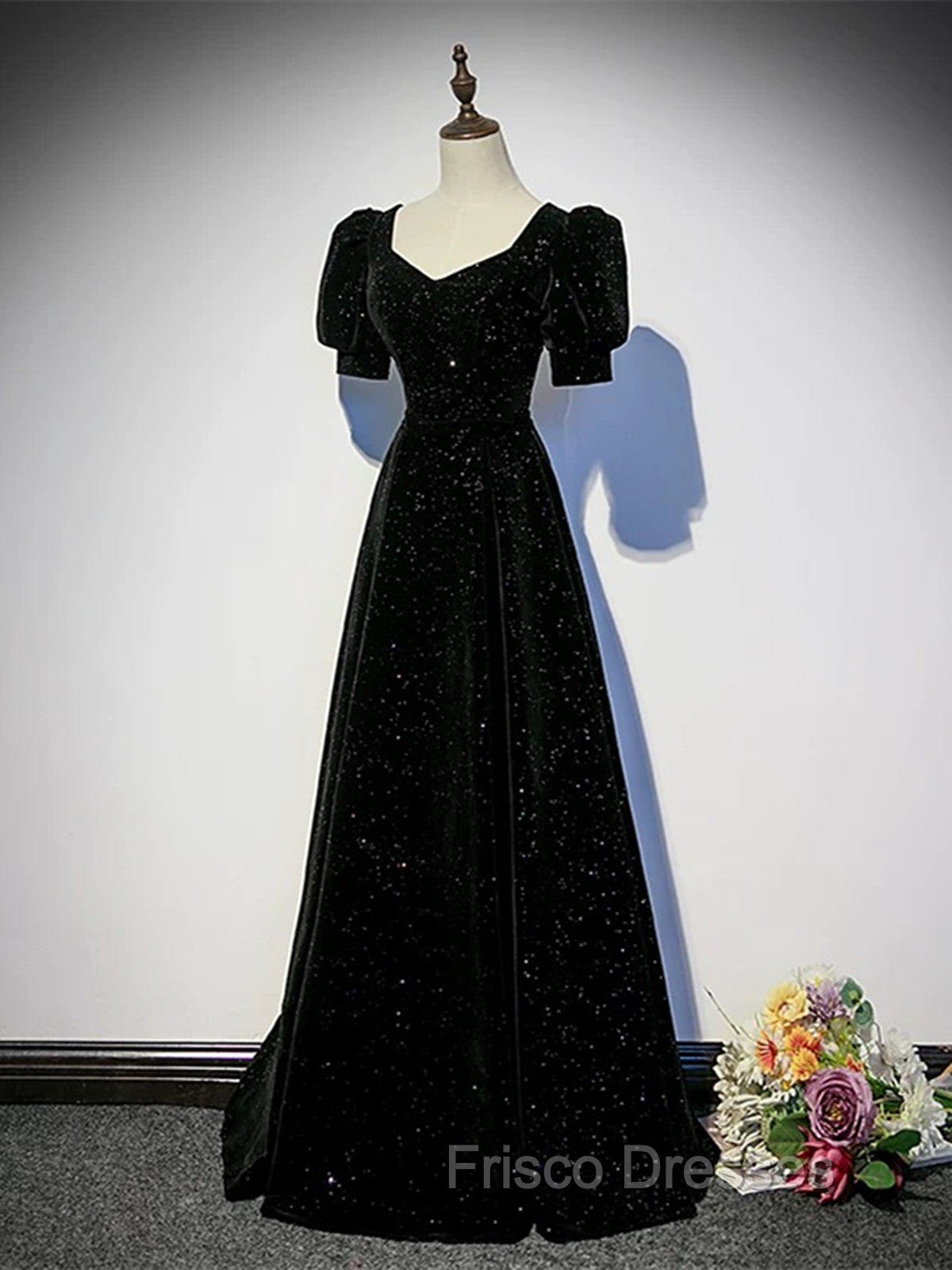 Black A-line Velvet Long Formal Prom Dress Party Dress, Black Short Sleeves Formal Prom Dress Secondary image