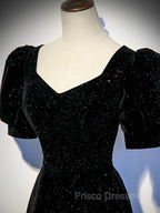 Black A-line Velvet Long Formal Prom Dress Party Dress, Black Short Sleeves Formal Prom Dress