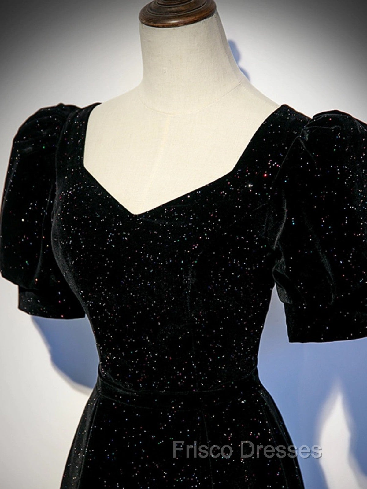Black A-line Velvet Long Formal Prom Dress Party Dress, Black Short Sleeves Formal Prom Dress