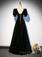 Black A-line Velvet Long Formal Prom Dress Party Dress, Black Short Sleeves Formal Prom Dress