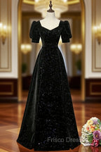 Black A-line Velvet Long Formal Prom Dress Party Dress, Black Short Sleeves Formal Prom Dress