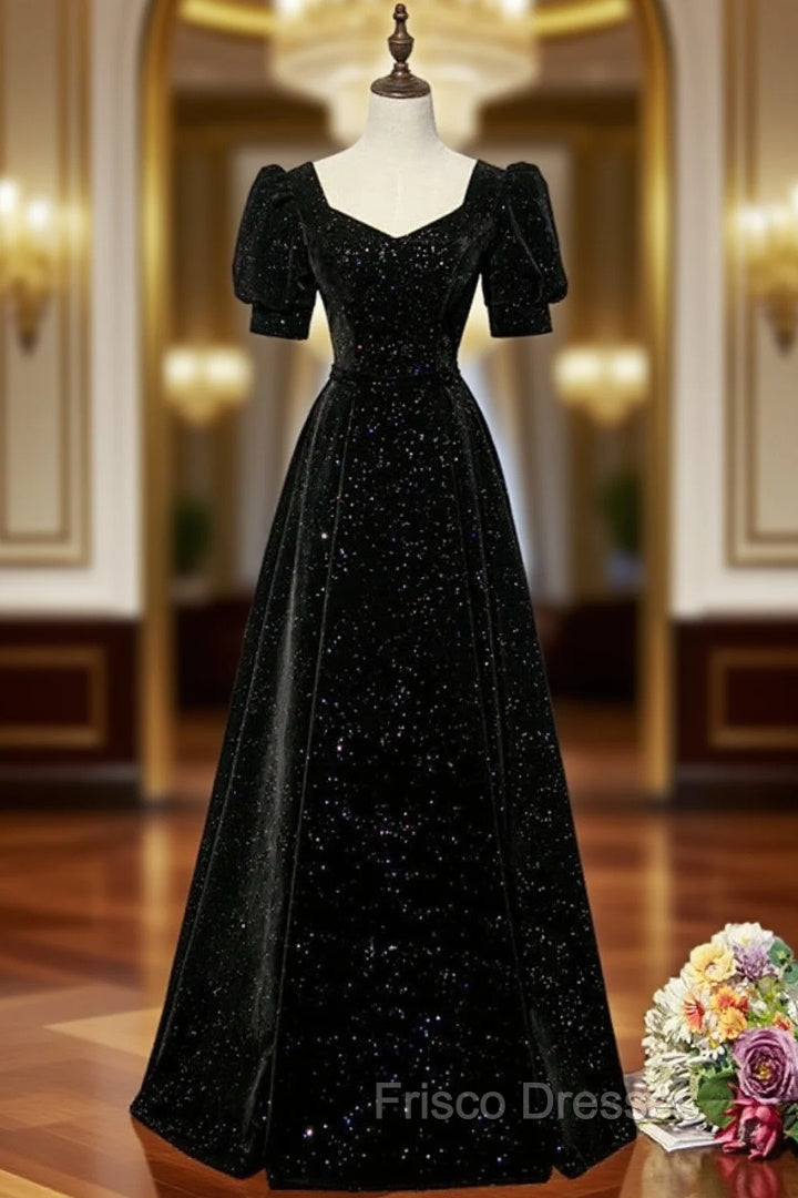 Black A-line Velvet Long Formal Prom Dress Party Dress, Black Short Sleeves Formal Prom Dress