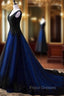 Black and Blue V-neckline Lace Applique Long Formal Dress, Black and Blue Formal Prom Dress