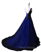 Black and Blue V-neckline Lace Applique Long Formal Dress, Black and Blue Formal Prom Dress