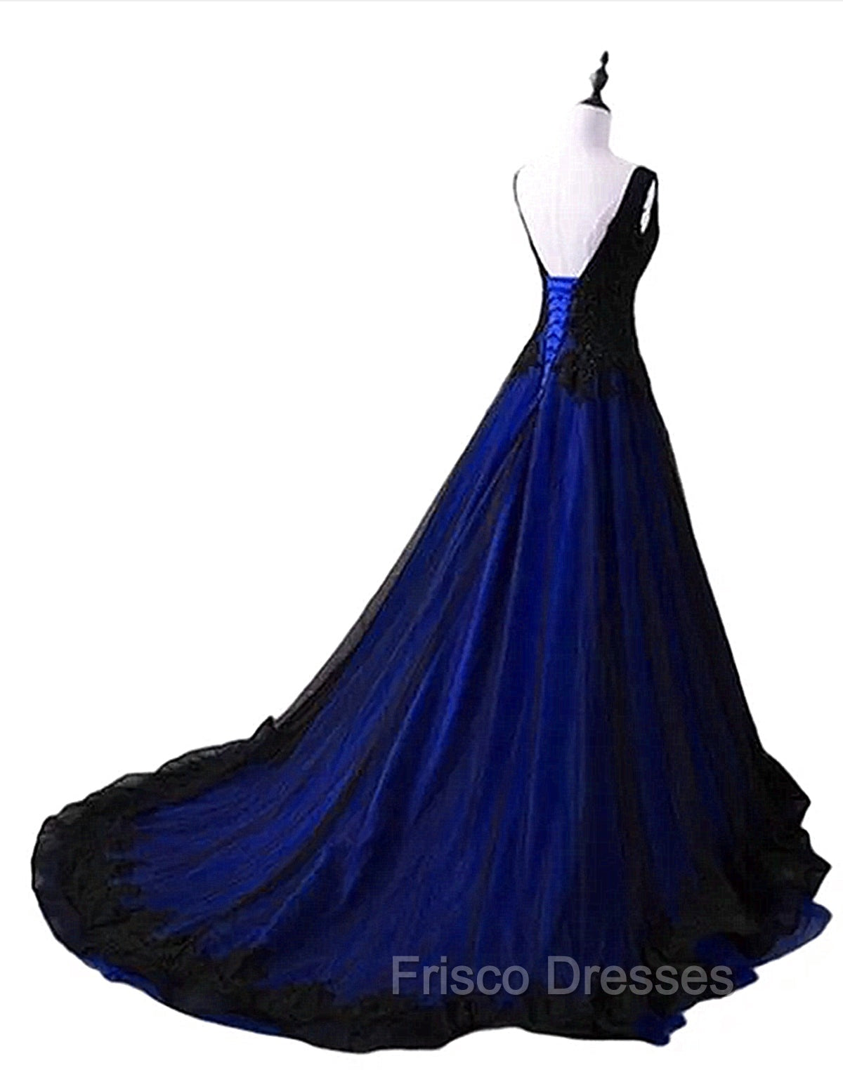 Black and Blue V-neckline Lace Applique Long Formal Dress, Black and Blue Formal Prom Dress