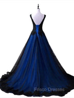 Black and Blue V-neckline Lace Applique Long Formal Dress, Black and Blue Formal Prom Dress