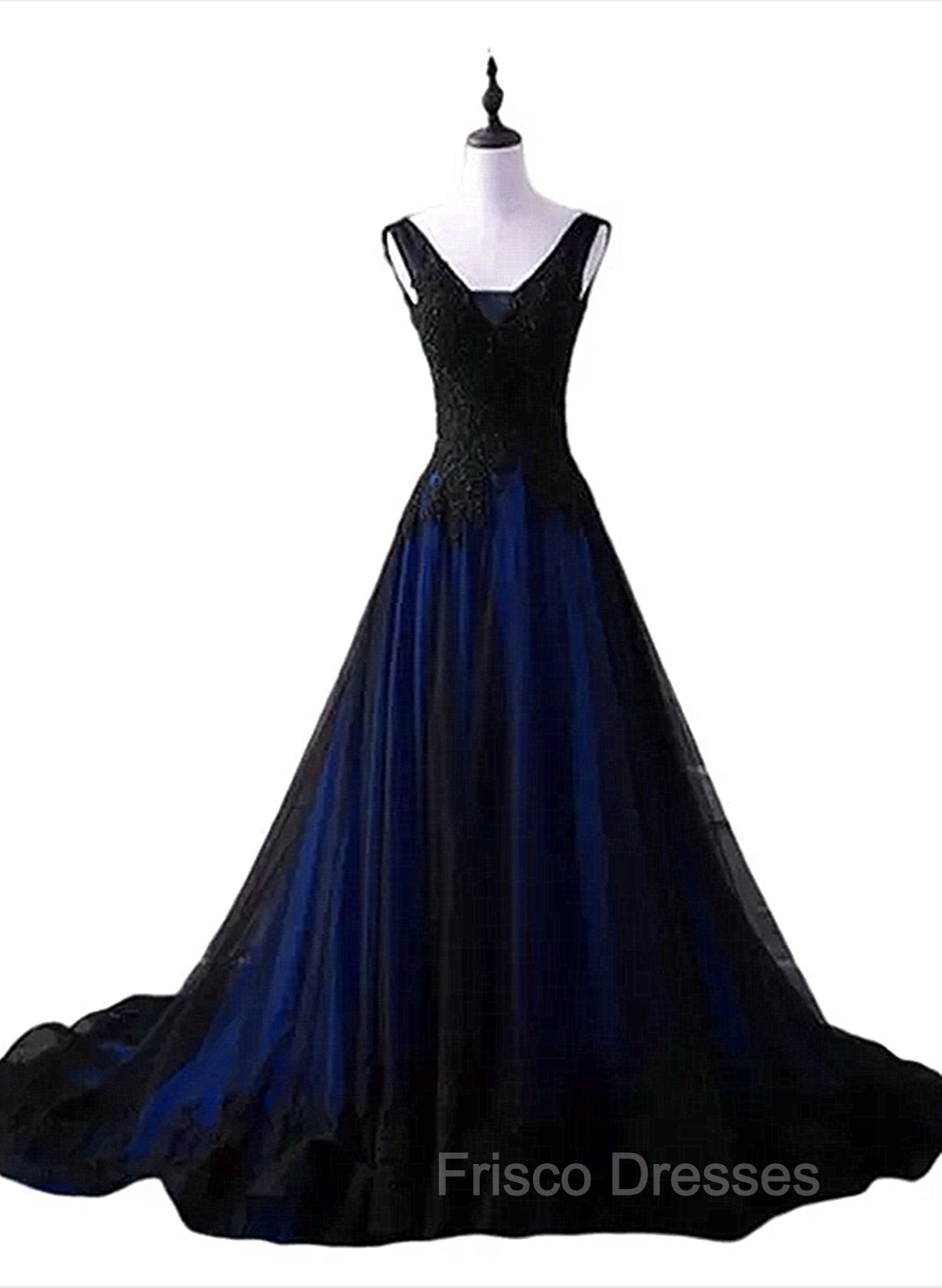 Black and Blue V-neckline Lace Applique Long Formal Dress, Black and Blue Formal Prom Dress