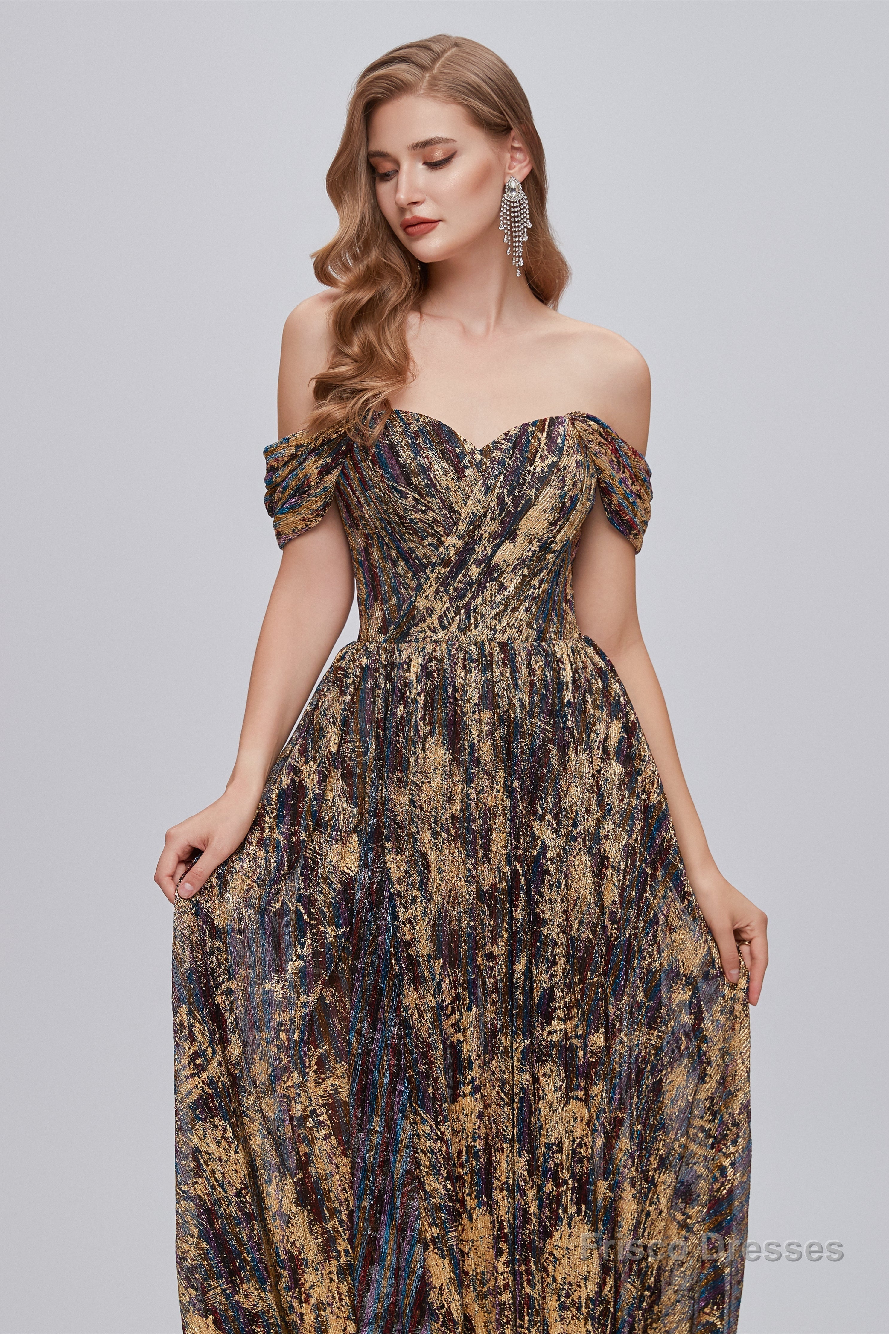 Black and Brown Floral Print Off-the-Shoulder A-Line Long Prom Dress Main image