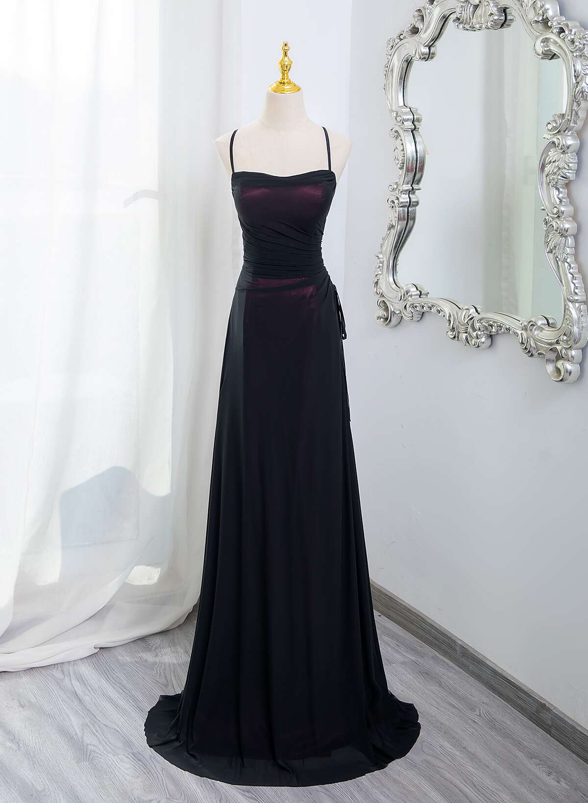 Black And Burgundy Scoop Straps Lace-Up Long Party Dress, Simple Long Prom Dress Main image
