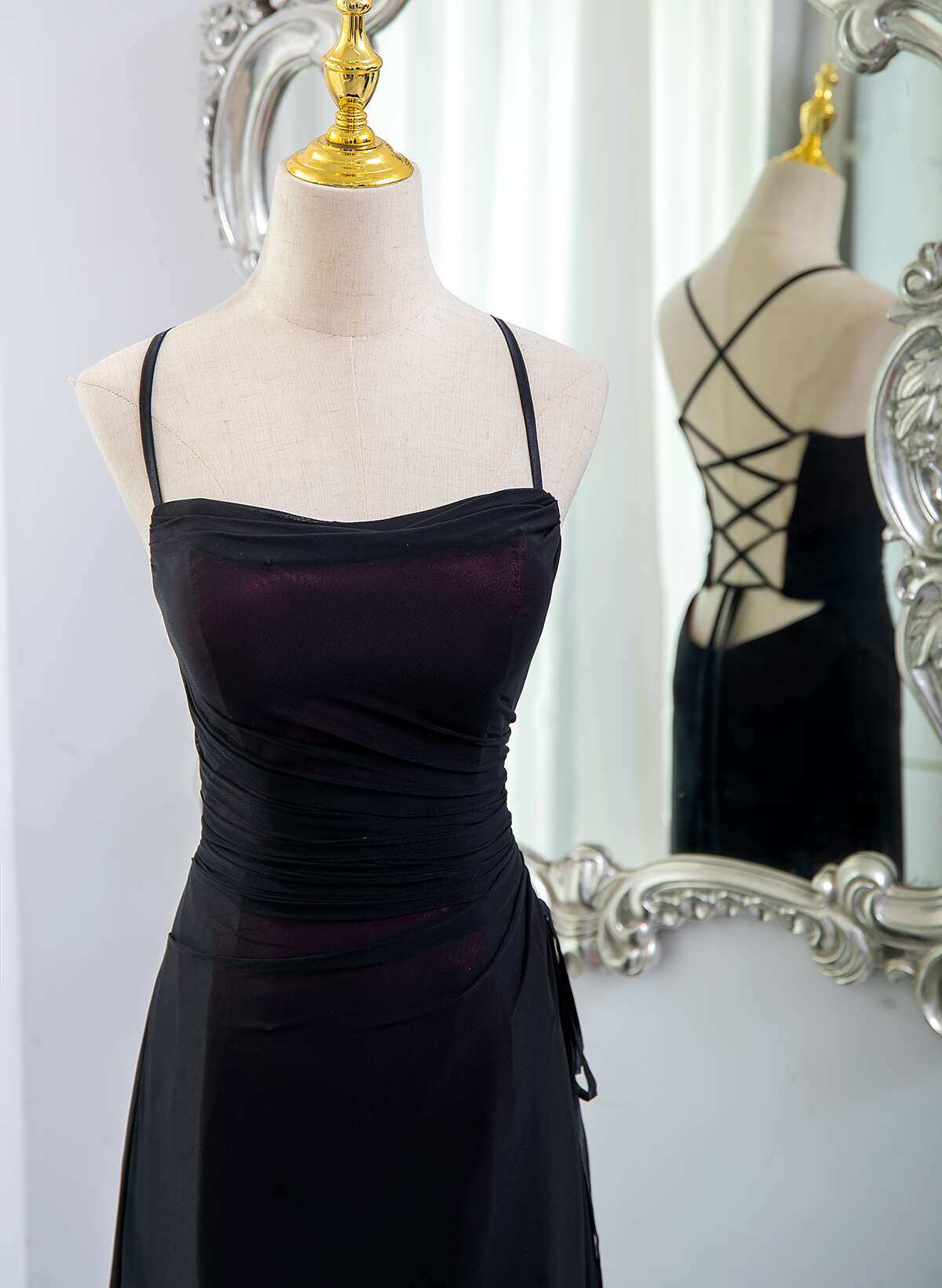 Black And Burgundy Scoop Straps Lace-Up Long Party Dress, Simple Long Prom Dress