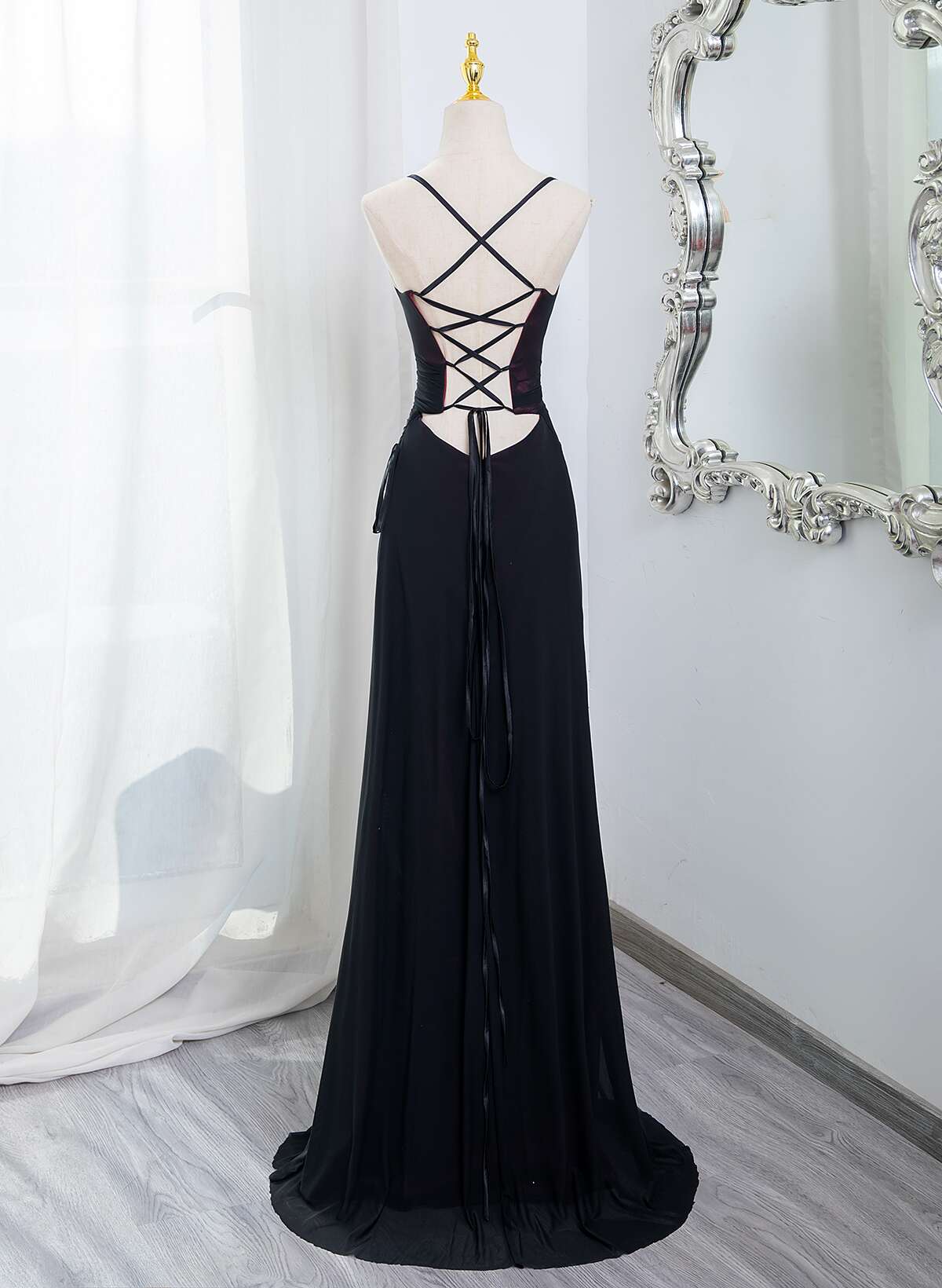 Black And Burgundy Scoop Straps Lace-Up Long Party Dress, Simple Long Prom Dress