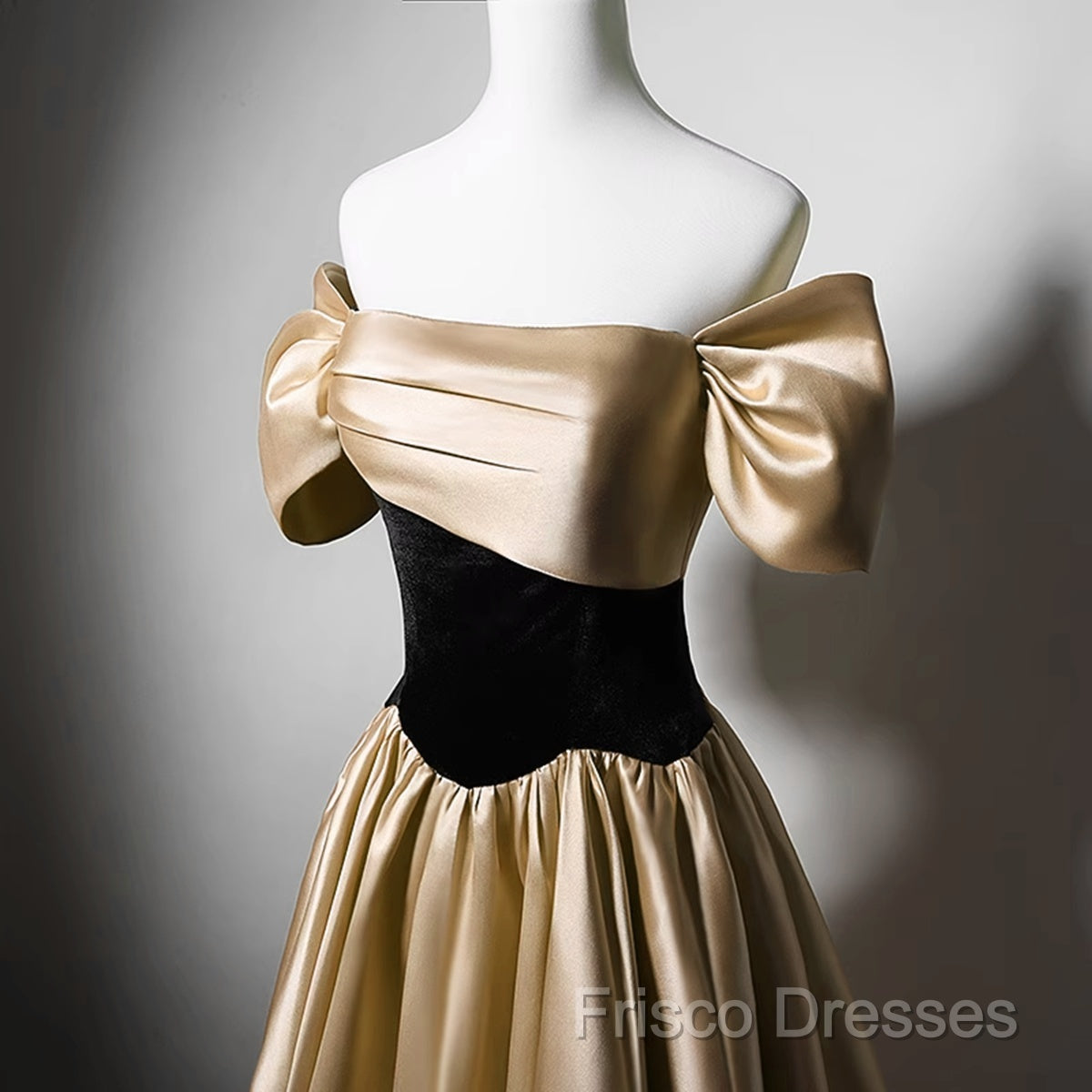 Black And Champagne Satin Long Party Dress, Off Shoulder Satin Formal Prom Dress Secondary image