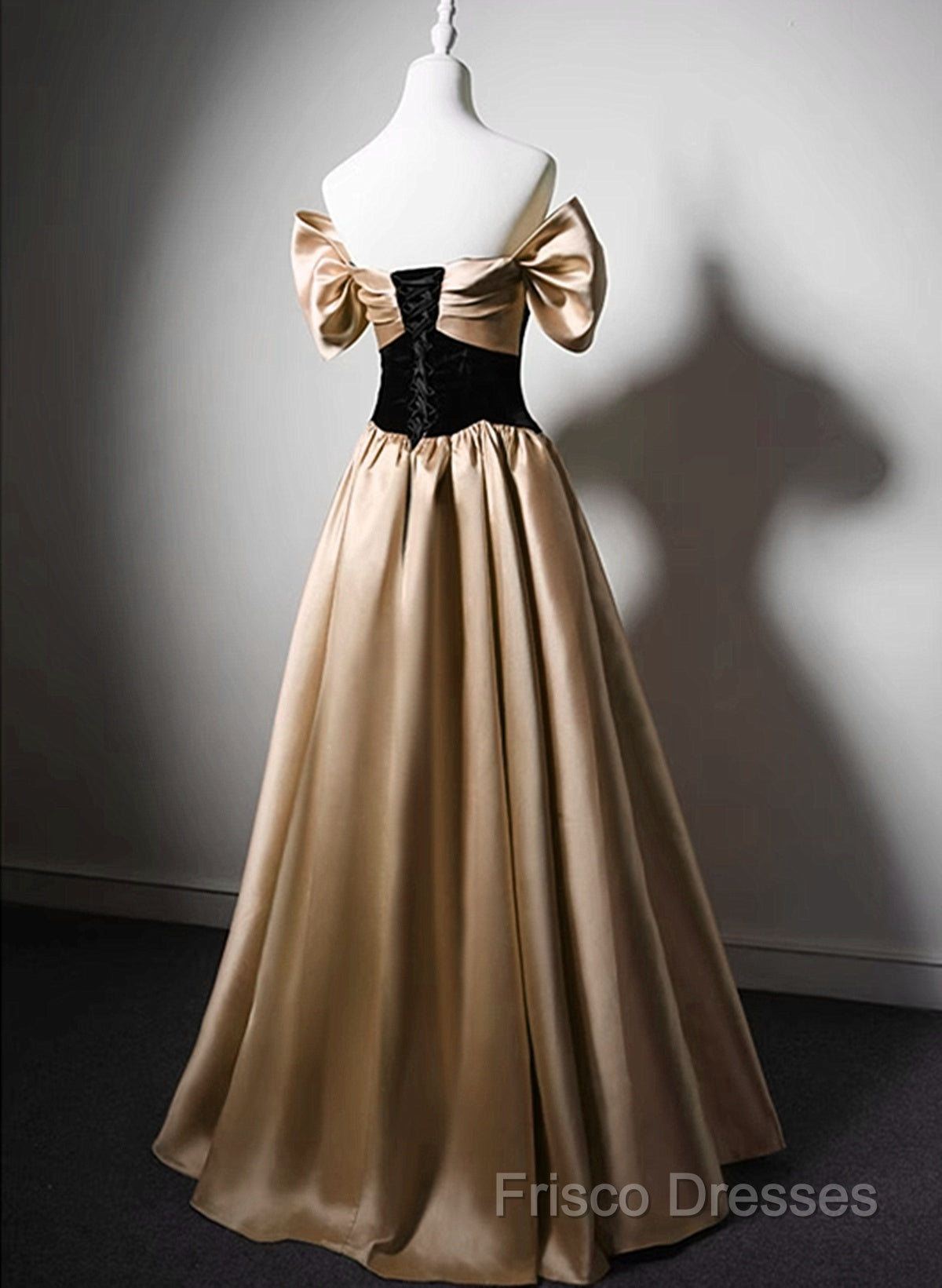 Black And Champagne Satin Long Party Dress, Off Shoulder Satin Formal Prom Dress