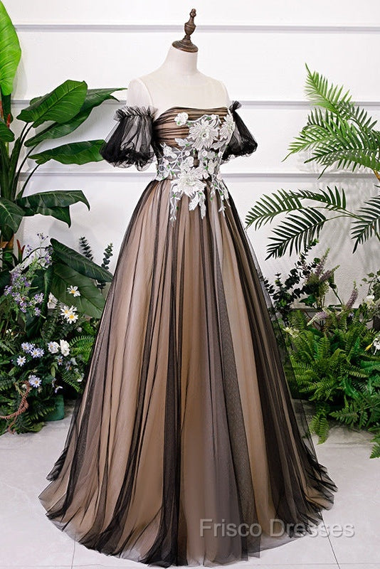 Black And Champagne Short Sleeves Tulle With Lace Party Dress, A-Line Floor Length Formal Prom Dress Secondary image
