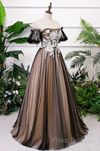 Black And Champagne Short Sleeves Tulle With Lace Party Dress, A-Line Floor Length Formal Prom Dress