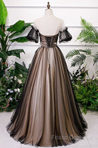 Black And Champagne Short Sleeves Tulle With Lace Party Dress, A-Line Floor Length Formal Prom Dress