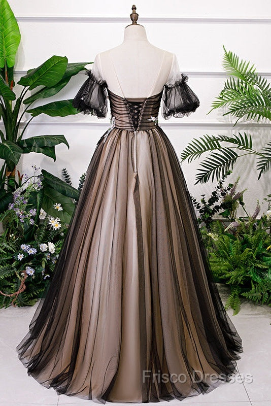 Black And Champagne Short Sleeves Tulle With Lace Party Dress, A-Line Floor Length Formal Prom Dress