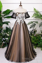 Black And Champagne Short Sleeves Tulle With Lace Party Dress, A-Line Floor Length Formal Prom Dress