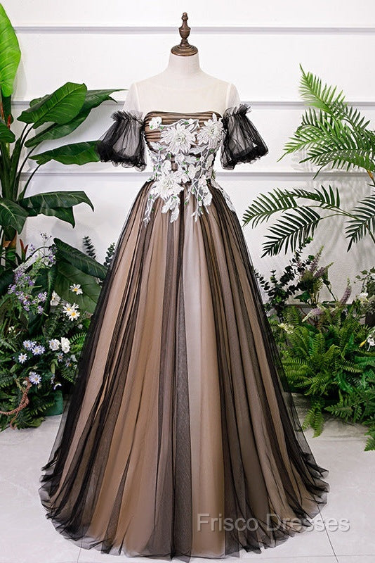 Black And Champagne Short Sleeves Tulle With Lace Party Dress, A-Line Floor Length Formal Prom Dress