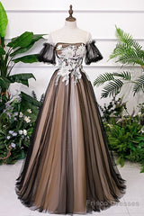 Black And Champagne Short Sleeves Tulle With Lace Party Dress, A-Line Floor Length Prom Dress