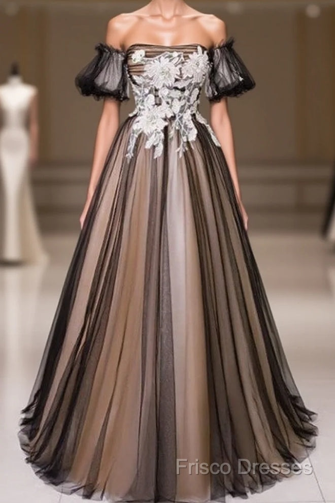 Black And Champagne Short Sleeves Tulle With Lace Party Dress, A-Line Floor Length Formal Prom Dress