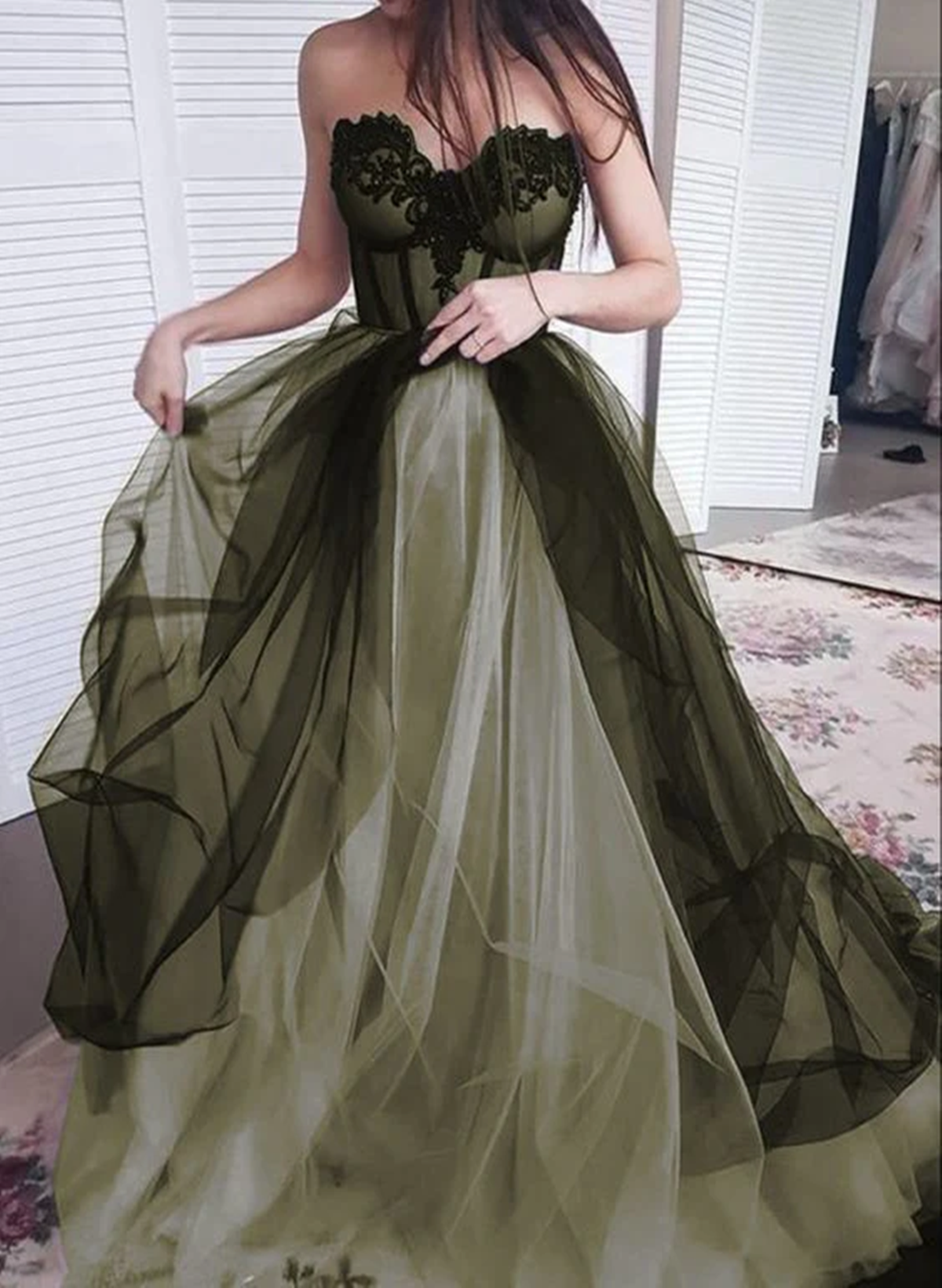 Black And Green Sweetheart Tulle With Lace Formal Dress, A-Line Lace-Up Prom Dress