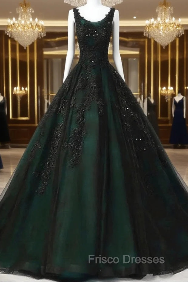 Black and Green Tulle with Lace Long Party Dress, A-line Low Back Evening Dress Main image